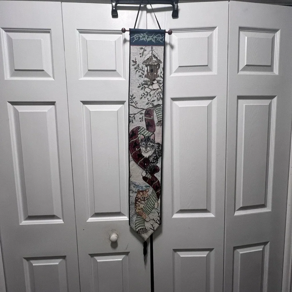 Paws For Christmas Cat & Chickadee Hanging Tapestry Bell Pull 6.25